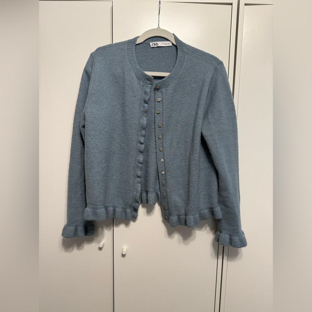 Zara Pale Blue Ruffle-Trim Button Cardigan